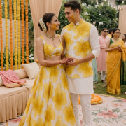 Organza Couple Outfit In White And Yellow Colour