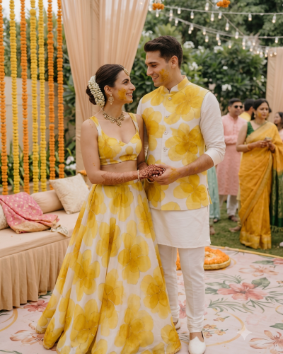 Organza Couple Outfit In White And Yellow Colour