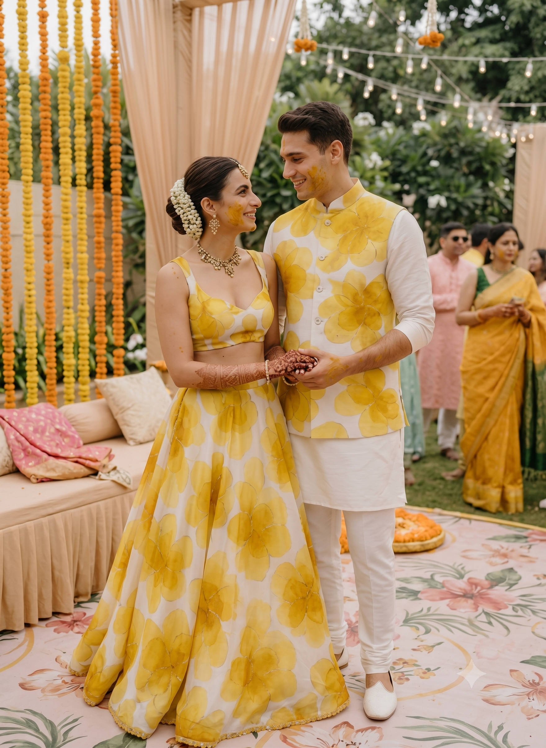 Organza Couple Outfit In White And Yellow Colour