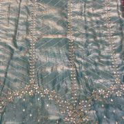 Firozi Blue Organza Satin with Heavy Daman Style Zari and Sequin Embroidery Fabric