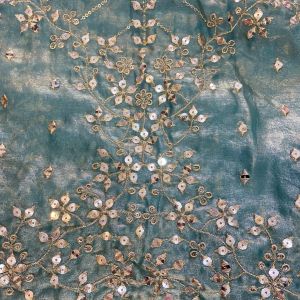 Firozi Blue Organza Satin with Heavy Daman Style Zari and Sequin Embroidery Fabric