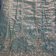 Firozi Blue Organza Satin with Heavy Daman Style Zari and Sequin Embroidery Fabric
