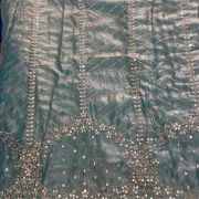 Firozi Blue Organza Satin with Heavy Daman Style Zari and Sequin Embroidery Fabric