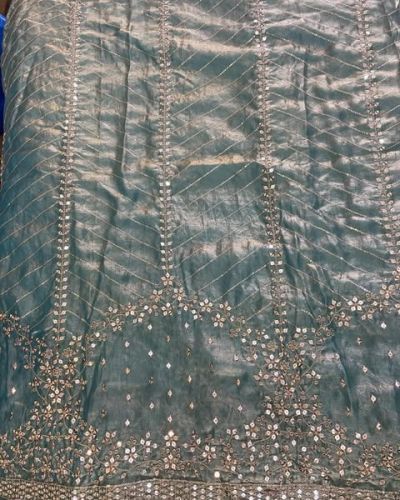 Firozi Blue Organza Satin with Heavy Daman Style Zari and Sequin Embroidery Fabric
