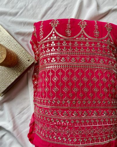 Gold Sequin Embroidery With Heavy Border On Dark Pink Georgette Fabric