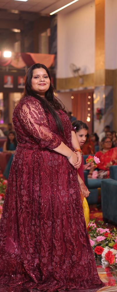 Big Width Floral Pattern Hand Embroidered Gown In Maroon Colour