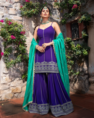 Pure Georgette Sharara Set In Blue Colour
