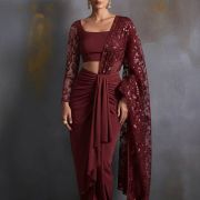 Pure Crepe Net Embroidered Drape Saree In Maroon Colour