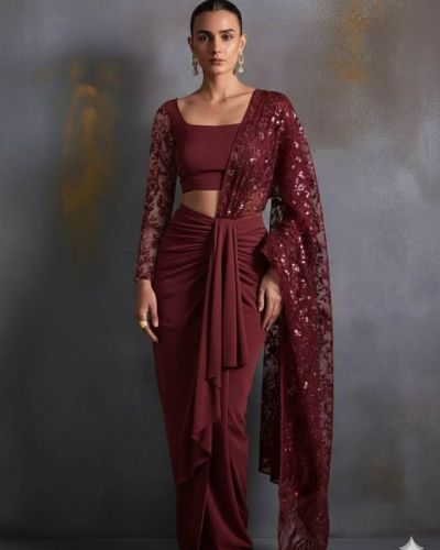 Pure Crepe Net Embroidered Drape Saree In Maroon Colour