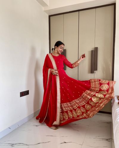 Pure Georgette Anarkali In Red Colour