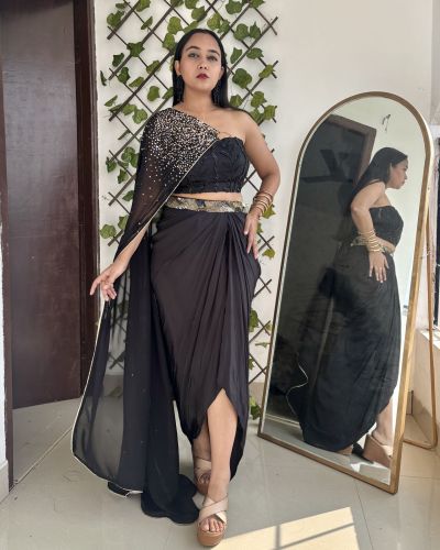 Pure Crepe Dhoti With Embroidered Net Top In Black Colour