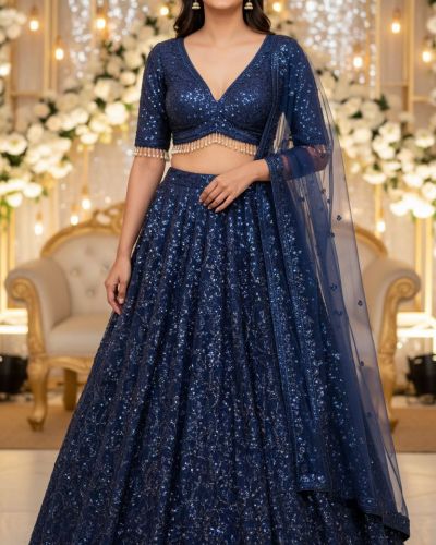 Net Hand Embroidered Lehenga In Dark Blue Colour