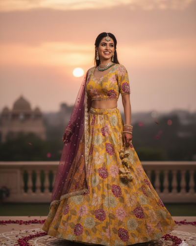 Pure Crepe Floral Print Lehenga In Yellow Colour
