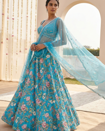 Pure Crepe Lehenga In Sky Blue Colour