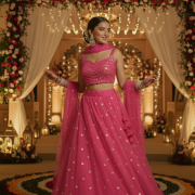 Net Buti Lehenga With Georgette Faux Mirror Blouse In Pink Colour
