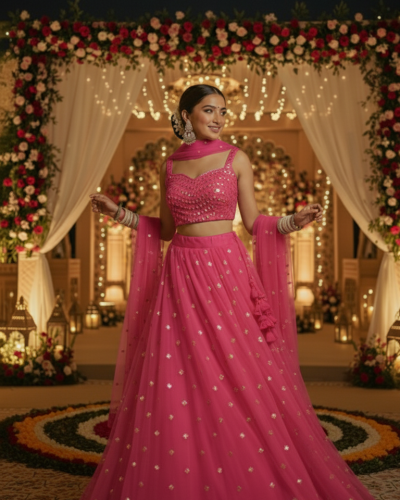 Net Buti Lehenga With Georgette Faux Mirror Blouse In Pink Colour