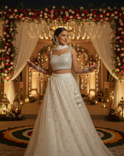Net Buti Lehenga In White Colour