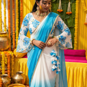 Pure Georgette Ombre Saree With Hand painted Flowers On Blouse