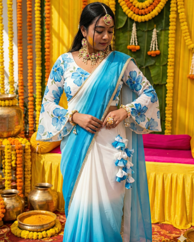 Pure Georgette Ombre Saree With Hand painted Flowers On Blouse
