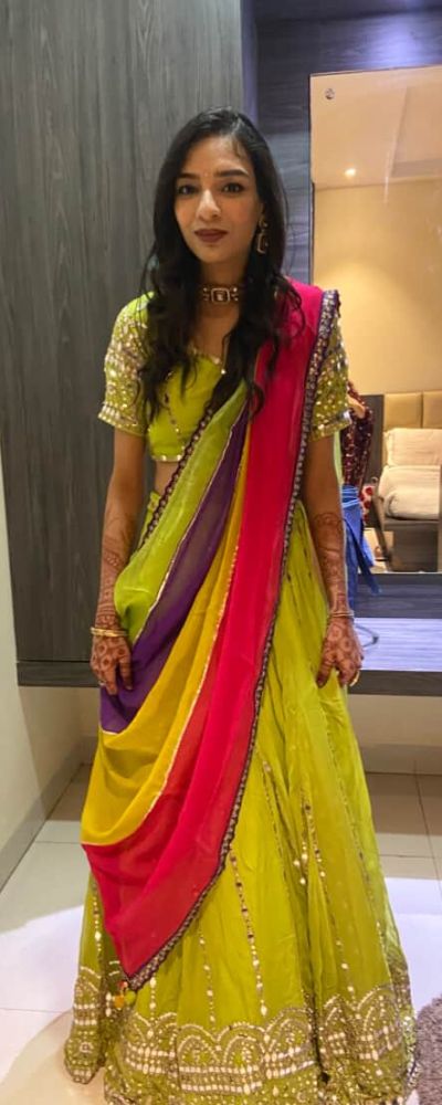 Georgette Maharani Lehenga In Neon Green Colour