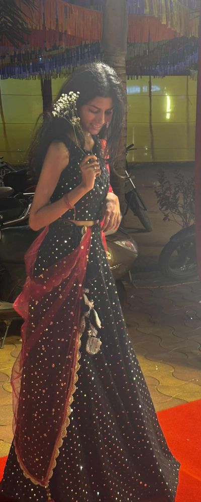 Georgette Faux Mirror Lehenga In Black Colour