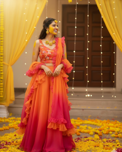 Georgette Ombre Lehenga In Pink And Orange Lehenga