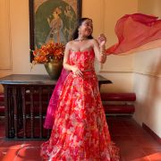 Organza Satin Printed lehenga In Red And Orange Colour