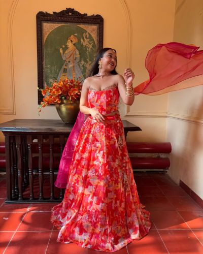 Organza Satin Printed lehenga In Red And Orange Colour