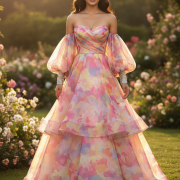 Baloon Sleeves Gown In Multicolour