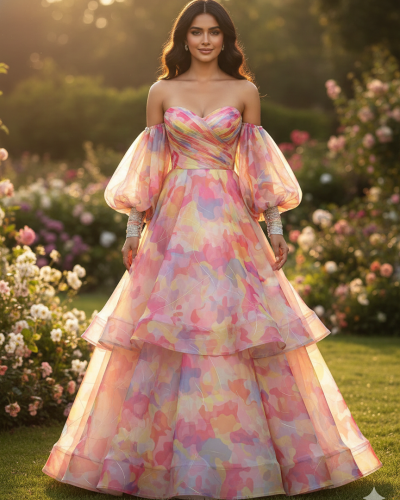 Baloon Sleeves Gown In Multicolour
