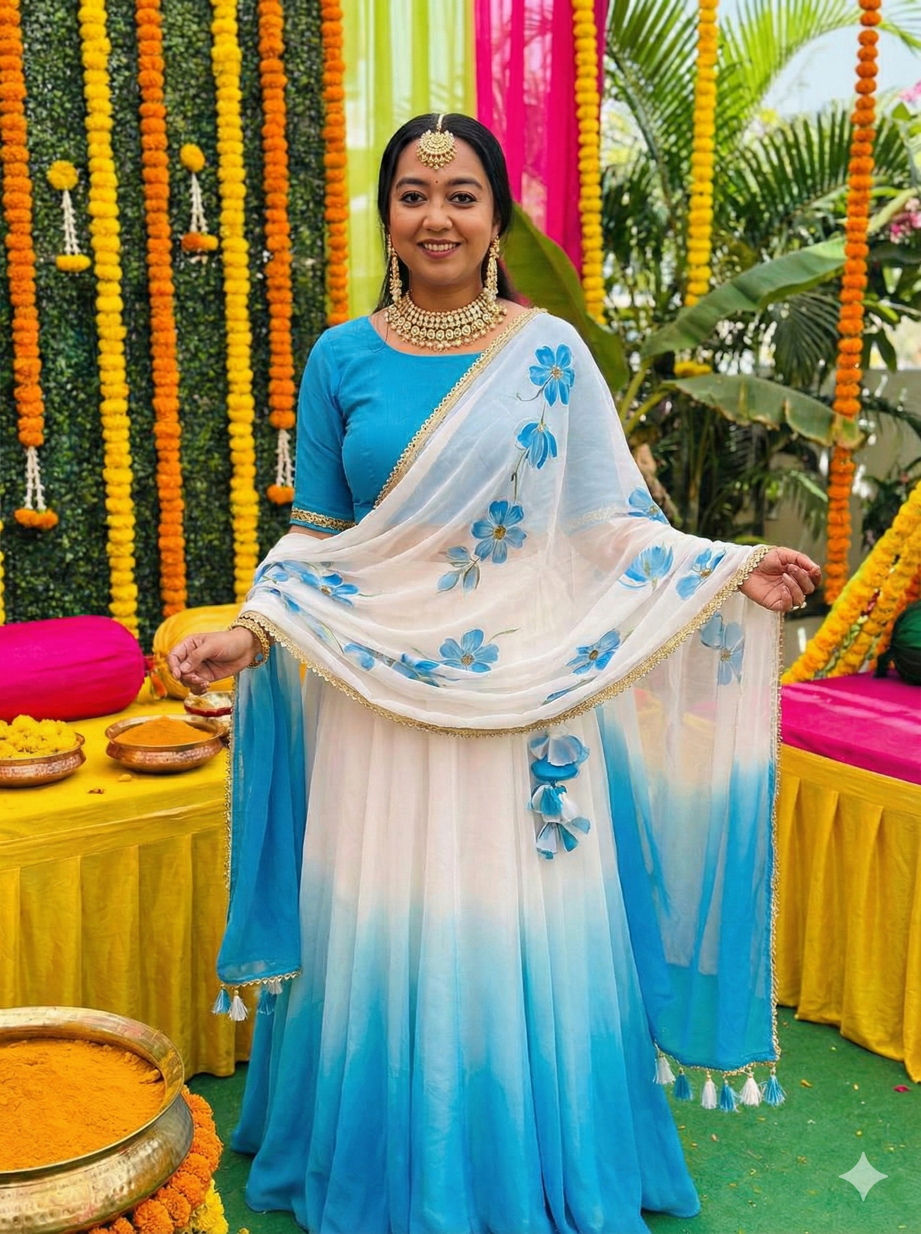 Georgette Ombre Lehenga In White And Sky Blue Colour