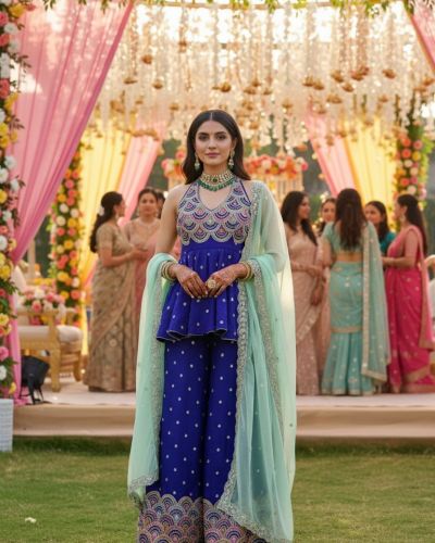 Embroidered Chinon Sharara Set In Blue Colour