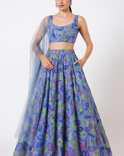 Embroidered Chinon lehenga In Blue Colour