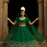 Embroidered Organza Satin Lehenga In Dark Green Colour