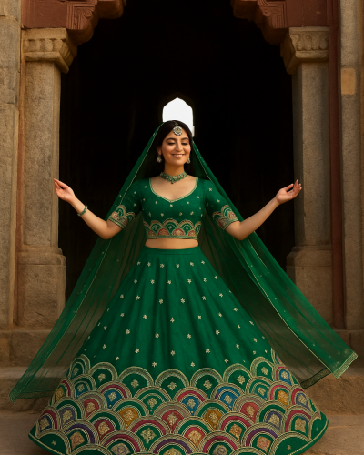Embroidered Organza Satin Lehenga In Dark Green Colour