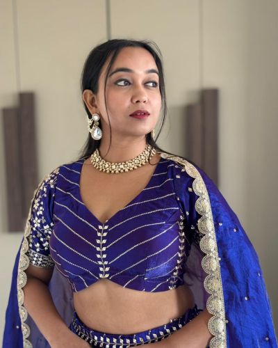 Organza Satin Lehenga In Electric Blue Lehenga
