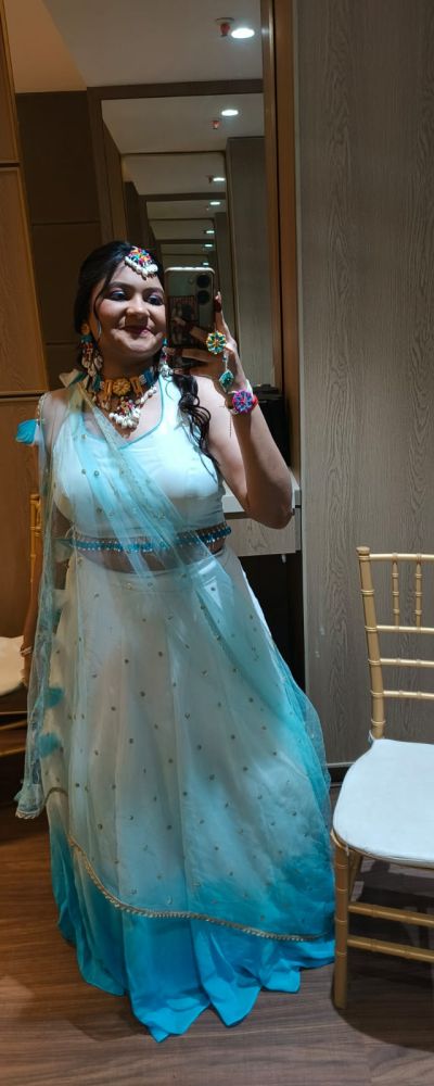 Georgette Ombre Lehenga In White And Sky Blue Colour