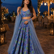 Embroidered Chinon lehenga In Blue Colour