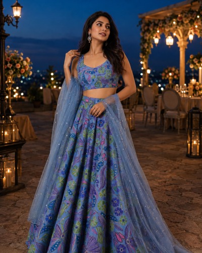 Embroidered Chinon lehenga In Blue Colour