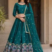 Embroidered Organza Satin Lehenga In Dark Green Colour