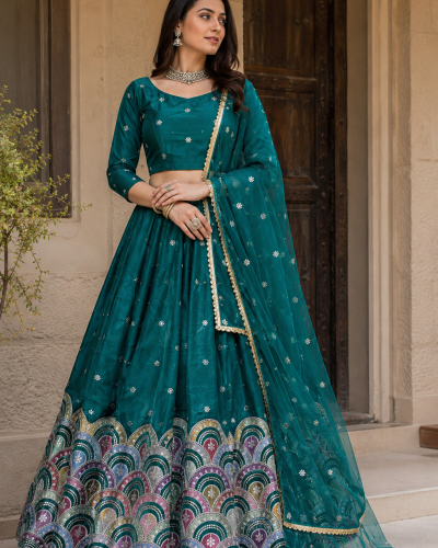 Embroidered Organza Satin Lehenga In Dark Green Colour