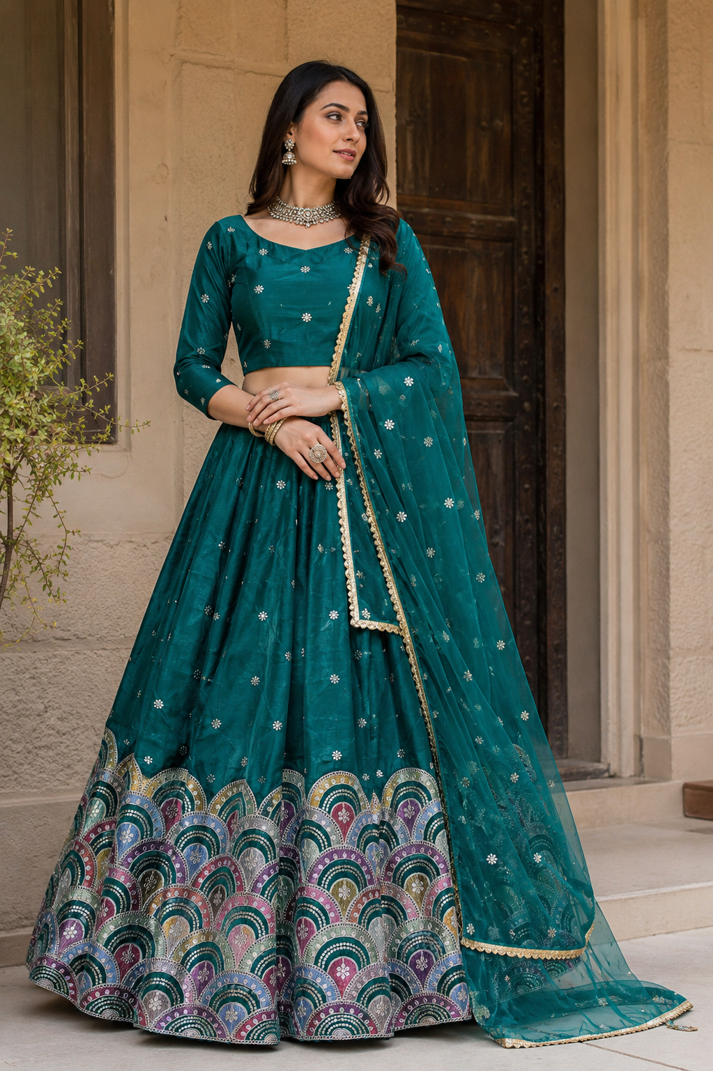 Embroidered Organza Satin Lehenga In Dark Green Colour