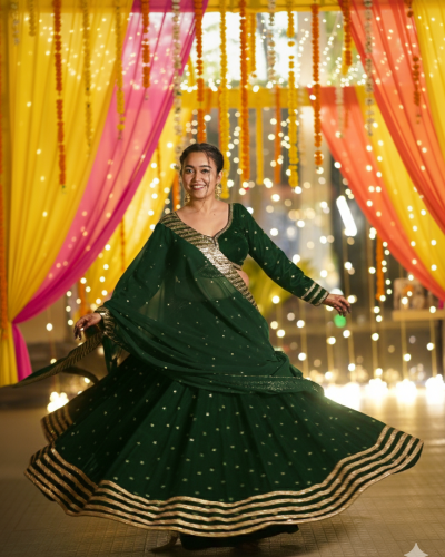 Golden Buti Work Velevet Lehenga In Green Colour