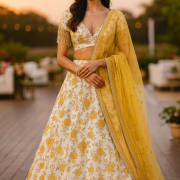 Floral Yellow Shaded Thread Embroidered Lehenga