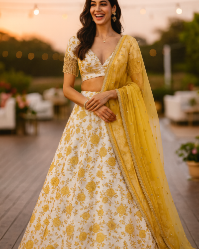 Floral Yellow Shaded Thread Embroidered Lehenga
