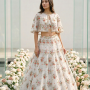Floral Pure Organza Thread And Sequin Embroidered Lehenga With Cape