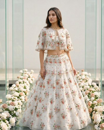 Floral Pure Organza Thread And Sequin Embroidered Lehenga With Cape