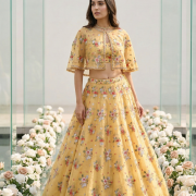 Floral Pure Organza Thread And Sequin Embroidered Lehenga With Cape