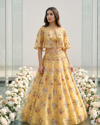 Floral Pure Organza Thread And Sequin Embroidered Lehenga With Cape