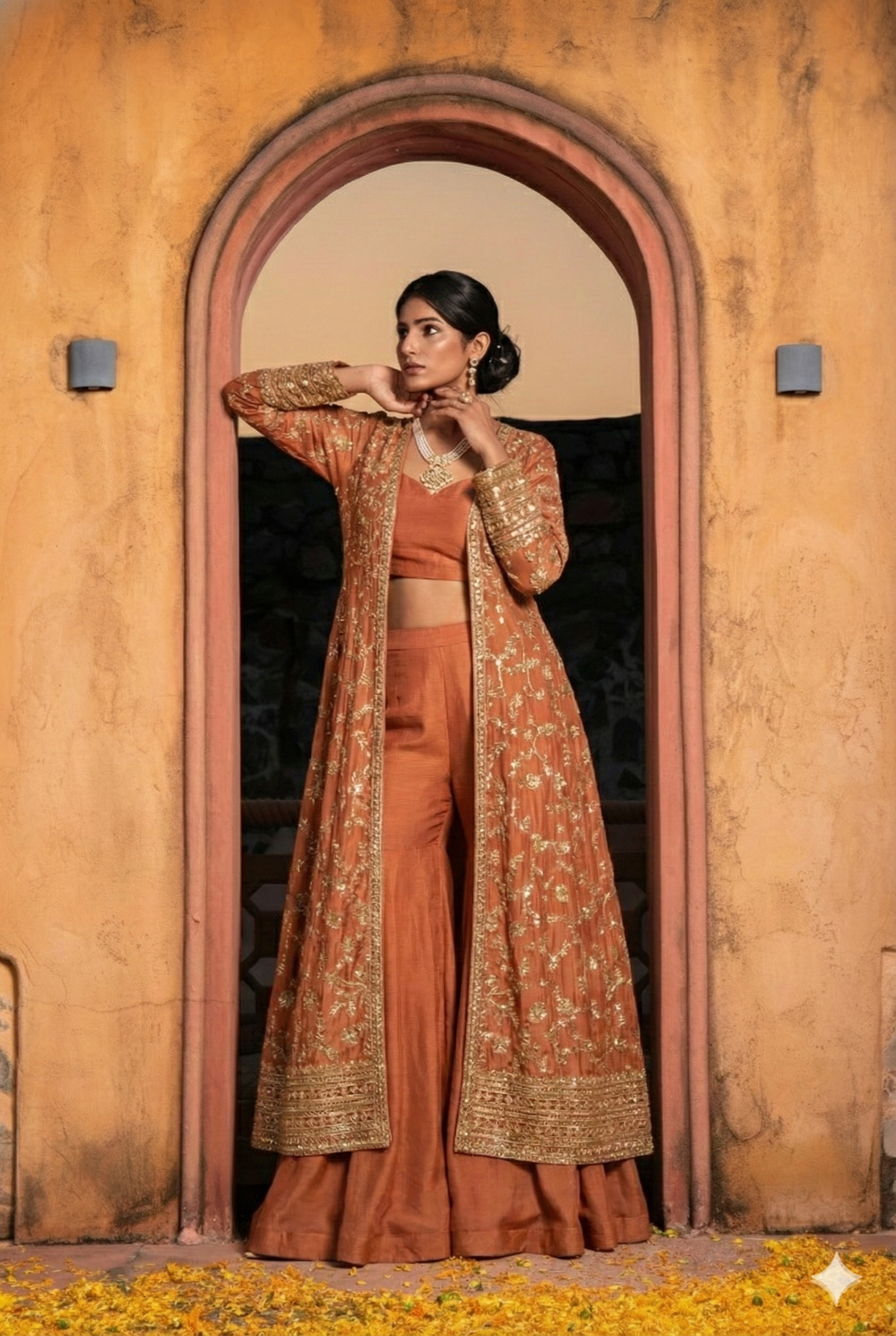 Plazo Set With Cosmos Tissue Silk Cape